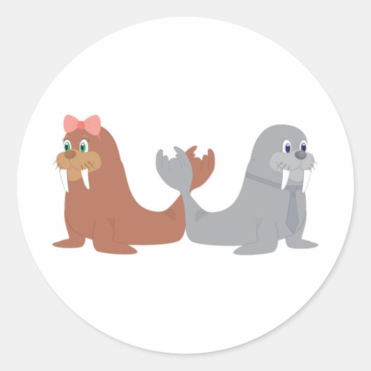 Schattige mannelijke en Vrouw walrussen Ronde Sticker (Voorkant)