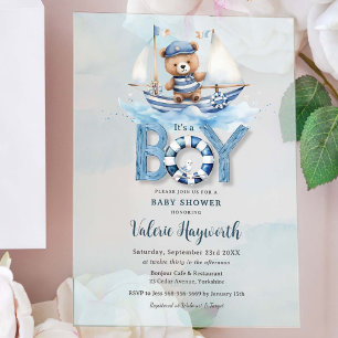 Schattige marine blauwe boot teddybeer jongen baby acryl uitnodigingen