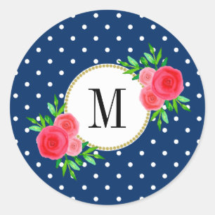 Schattige marineblauw Stip rode Waterverf bloemmon Ronde Sticker