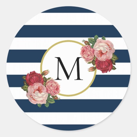 Schattige marineblauw wit gestreept retro bloemmon ronde sticker (Voorkant)