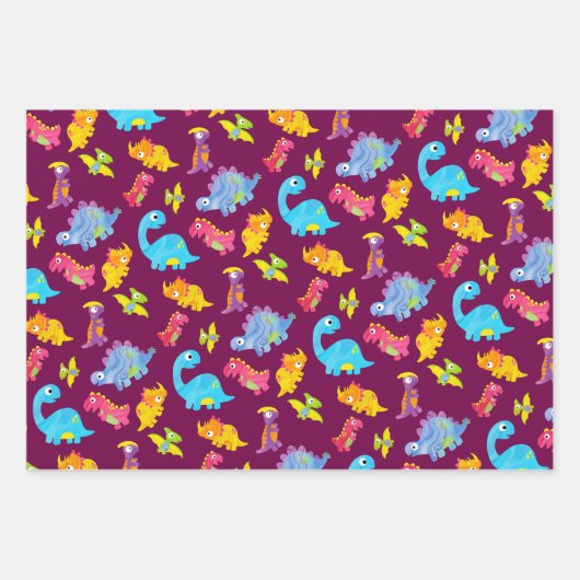 Schattige marineblauwe, gele en paarse dinosaurus  inpakpapier vel (Voorkant 3)