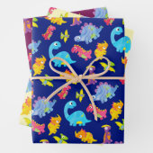 Schattige marineblauwe, gele en paarse dinosaurus  inpakpapier vel (In situ)