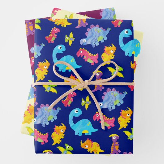 Schattige marineblauwe, gele en paarse dinosaurus  inpakpapier vel (In situ)