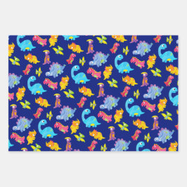 Schattige marineblauwe, gele en paarse dinosaurus  inpakpapier vel