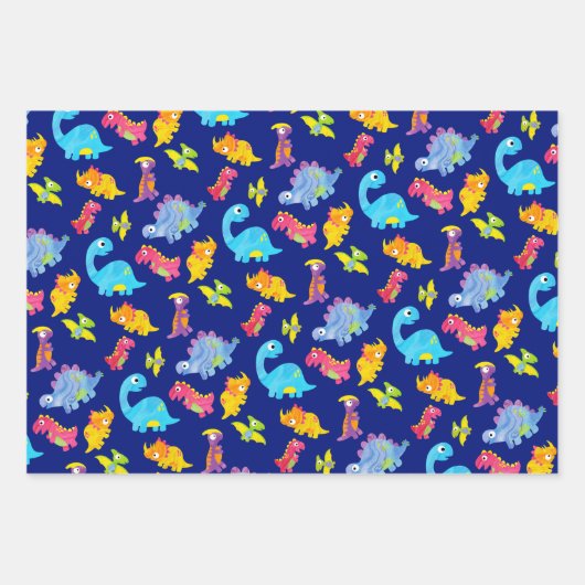 Schattige marineblauwe, gele en paarse dinosaurus  inpakpapier vel (Voorkant)