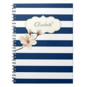 Schattige marineblauwe strepen, Magnolia, geperson Notitieboek (Voorkant)