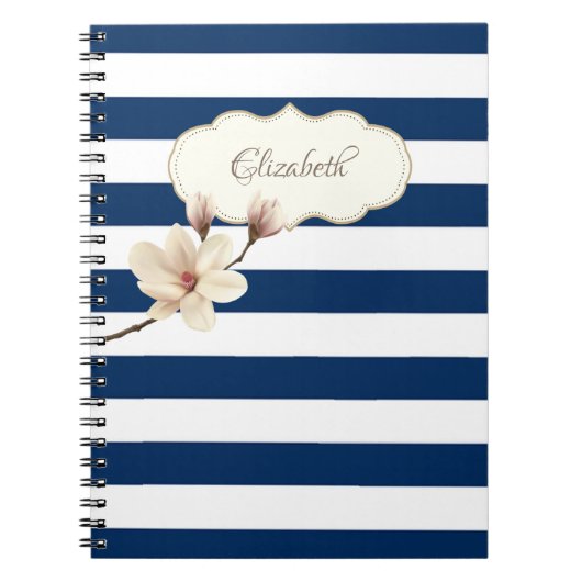 Schattige marineblauwe strepen, Magnolia, geperson Notitieboek (Voorkant)