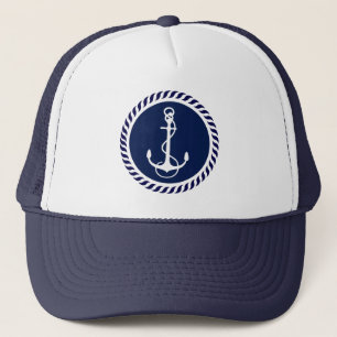 Schattige marineblauwe & witte nautische bootanker trucker pet