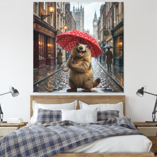 Schattige marmot in Londen met rode paraplu met po Canvas Afdruk