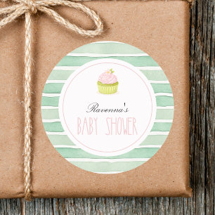 Schattige Matcha Cupcake Sage Gestreepte Baby Show Ronde Sticker