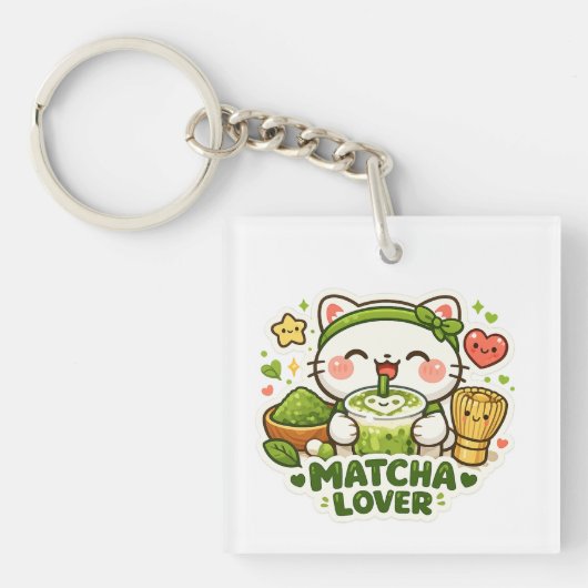 Schattige Matcha Liefhebber Kat Sleutelhanger (voorkant)