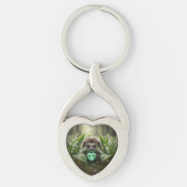Schattige May Hedgehog met Smaragd Hart Sleutelhanger