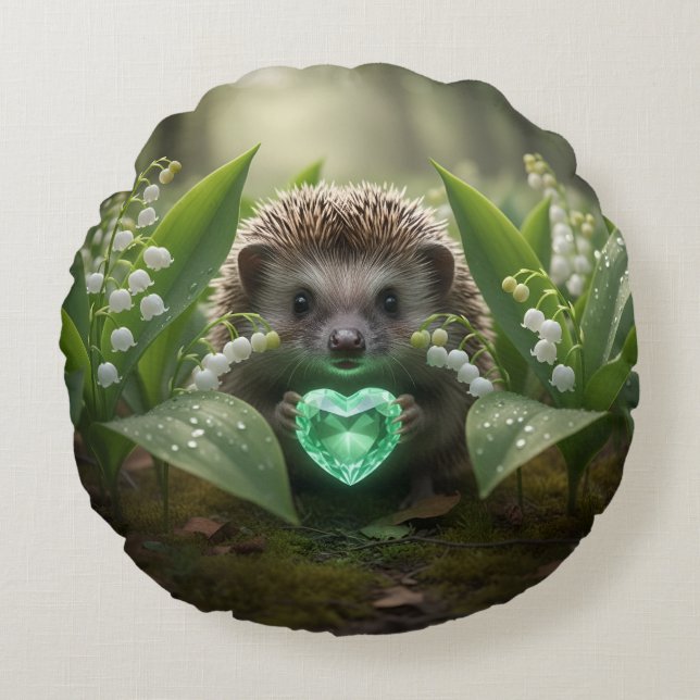 Schattige May Hedgehog met Smaragden Hart Rond Kussen (Voorkant)