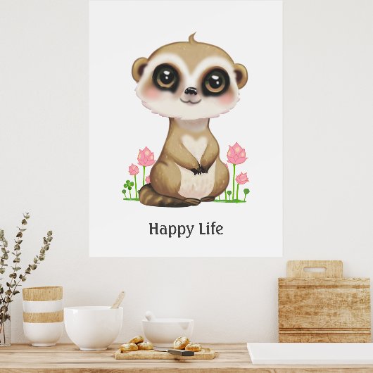 Schattige Meerkat en Bloemen Gelukkig Poster (Keuken)
