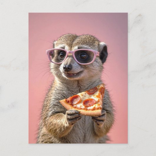 Schattige Meerkat Met Glazen en Pizza Briefkaart (Voorkant)