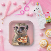 Schattige Meerkat Met Glazen en Pizza Papieren Bordje (Feest)