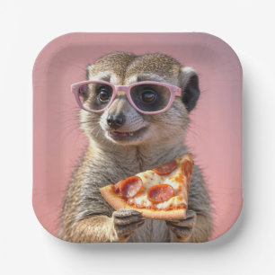 Schattige Meerkat Met Glazen en Pizza Papieren Bordje