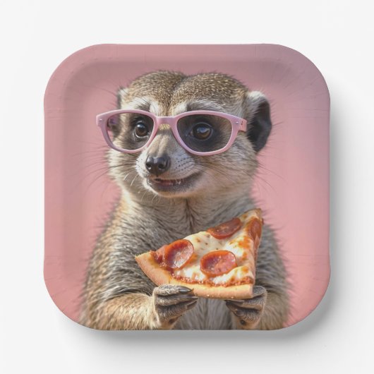 Schattige Meerkat Met Glazen en Pizza Papieren Bordje (Voorkant)