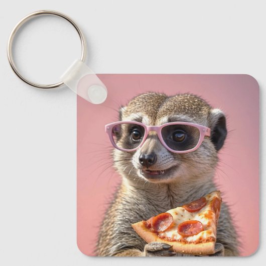 Schattige Meerkat Met Glazen en Pizza Sleutelhanger (Voorkant)