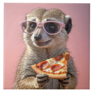 Schattige Meerkat Met Glazen en Pizza Tegeltje