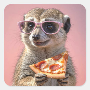 Schattige Meerkat Met Glazen en Pizza Vierkante Sticker