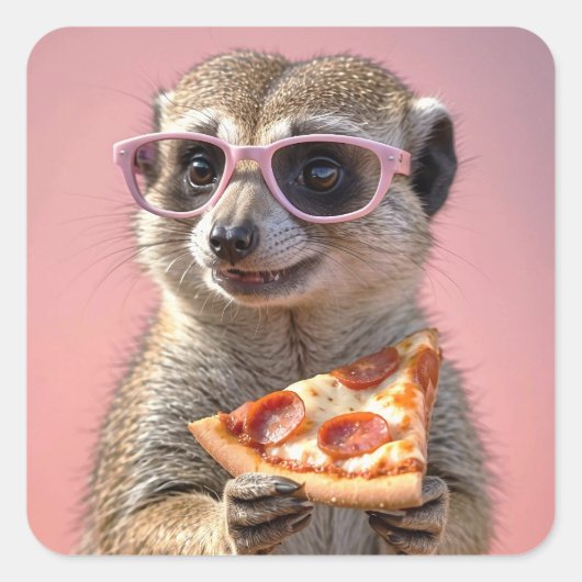 Schattige Meerkat Met Glazen en Pizza Vierkante Sticker (Voorkant)