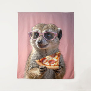 Schattige Meerkat Met Glazen en Pizza Wandkleed