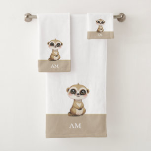 Schattige Meerkat & Monogram op Beige & Wit Bad Handdoek