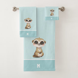 Schattige Meerkat & Monogram op Lichtblauw Bad Handdoek