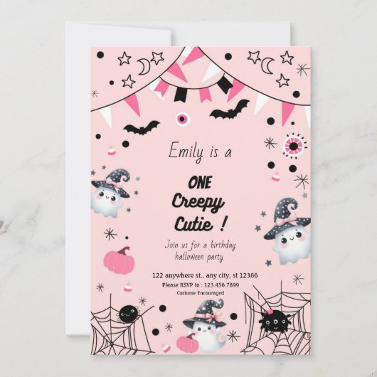 Schattige Meisje 1e Verjaardag Halloween Party Pin Kaart (Voorkant)