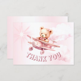 Schattige Meisje Baby Beer Piloot Roze Vliegtuig M Bedankkaart