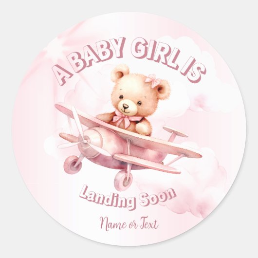 Schattige Meisje Baby Beer Piloot Roze Vliegtuig M Ronde Sticker (Voorkant)