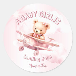 Schattige Meisje Baby Beer Piloot Roze Vliegtuig M Ronde Sticker