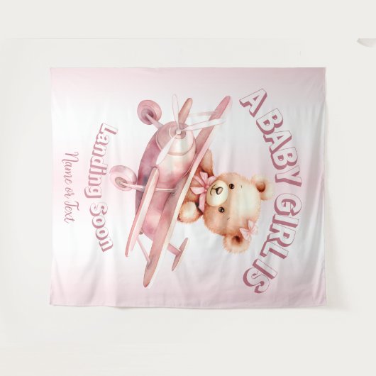 Schattige Meisje Baby Beer Piloot Roze Vliegtuig M Wandkleed (Voorkant (horizontaal))