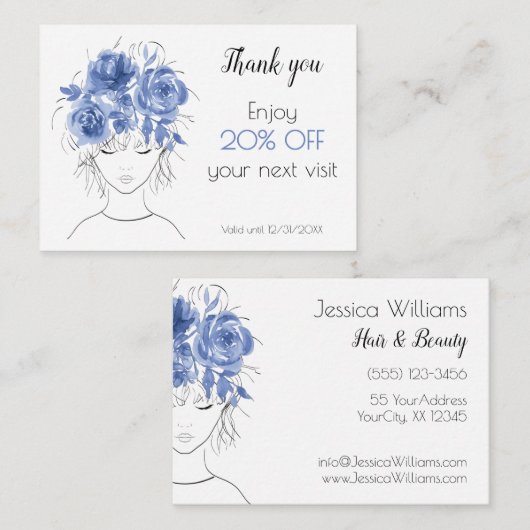Schattige meisje blauw waterverf rozen floral kortingskaartje (Voorkant / Achterkant)