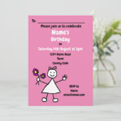 Schattige Meisje Bloemen Roze Verjaardagsfeestuitn Kaart (Staand voorkant)