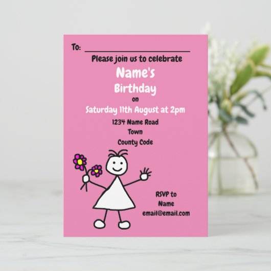 Schattige Meisje Bloemen Roze Verjaardagsfeestuitn Kaart (Staand voorkant)