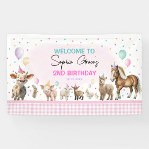Schattige meisje boerderij dieren ballonnen verjaa spandoek