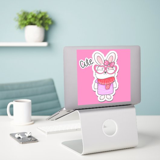 Schattige Meisje Bunny Sticker (Laptop op bureau)