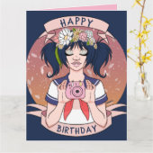 Schattige Meisje Cartoon Selfie Meisje Camera Verj Kaart (Gele Bloem)