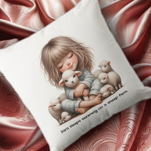 Schattige meisje dat op een schaap Boerderij slaap Kussen (Cute Girl Cuddles Sheep in Her Sleep Throw Pillow Cover Photo)