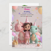 Schattige meisje dinosaurus verjaardagsuitnodiging kaart (Voorkant / Achterkant)