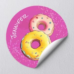 Schattige Meisje Donut 8e Verjaardag Paarse Strooi Ronde Sticker