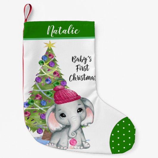 Schattige meisje Elephant BABY'S EERSTE KERSTGROEN Kleine Kerstsok (Voorkant)