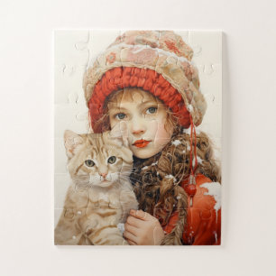 SCHATTIGE MEISJE EN KAT KUNST PUZZEL LEGPUZZEL