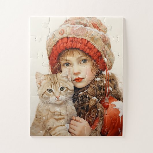 SCHATTIGE MEISJE EN KAT KUNST PUZZEL LEGPUZZEL (Verticaal)
