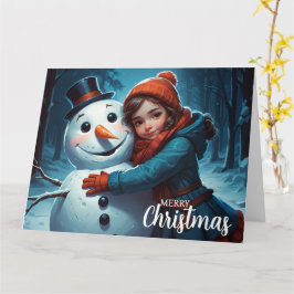 Schattige meisje en sneeuwman kerst Kaart