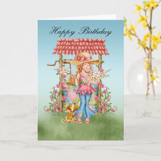 Schattige meisje en wens goed verjaardag Kaart - H (Gele Bloem)