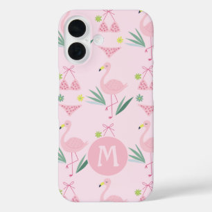Schattige Meisje Flamingo en Bikini Roze Monogram iPhone 16 Hoesje