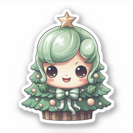 Schattige Meisje Glimlachende Groene Kawaii Kerstb Sticker (Voorkant)